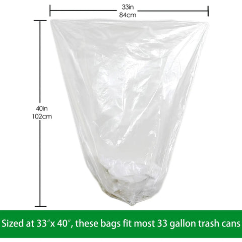 Image of 33 Gallon Clear Trash Liners, Heavy Duty High Density Garbage Bags, 33 By 40 Inches, 500 Count, showing size dimensions.