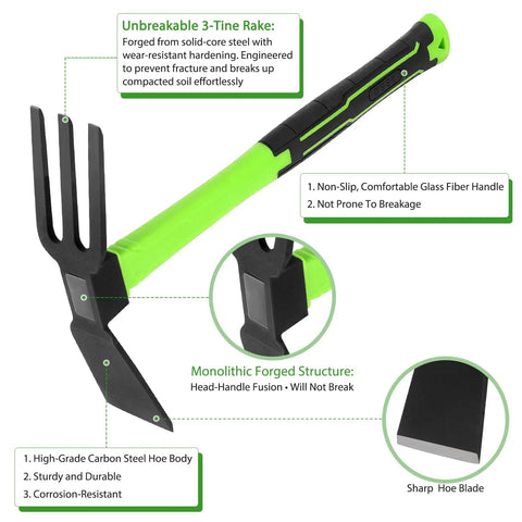 Two-Piece Garden Hoe Set With Non-Slip Ergonomic Handles For Easy Weeding And Plant Care, highlighting carbon steel body.