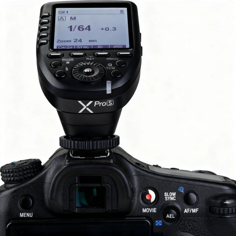 Sony TTL Wireless Flash Transmitter With XPro-S Upgrade mounted on camera, showing large LCD screen with controls visible.