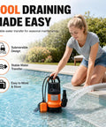 Heavy Duty 0.5HP Submersible Utility Pump With Auto Float Switch Handles No Sweat Draining For Pool Pond And Cellar Powered By 110V Motor With Bulletproof Iron Plastic Housing In Sleek Black And Orange in pool water.