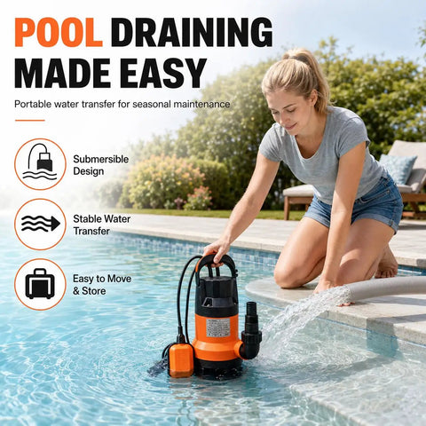 Heavy Duty 0.5HP Submersible Utility Pump With Auto Float Switch Handles No Sweat Draining For Pool Pond And Cellar Powered By 110V Motor With Bulletproof Iron Plastic Housing In Sleek Black And Orange in pool water.