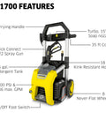 Heavy Duty 1700 PSI Pressure Washer With 1.2 GPM, 3 Nozzles, Detergent Tank, Turbo, 15 And 65 Degree Sprays, CETA Certified features