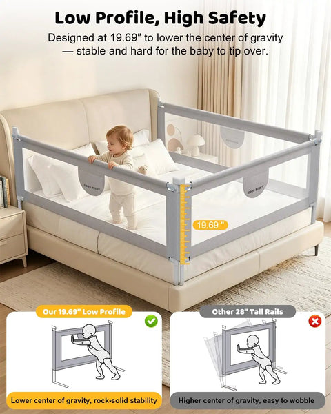 Child standing beside 3 Piece Queen Size Toddler Bed Rails With Pocket And 360 Wraparound Protection Kidproof Lock for safer sleep.