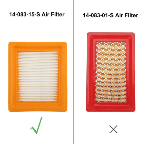 Side-by-side comparison of 14-083-15-S air filter (left) and 14-083-01-S air filter (right) with markings.