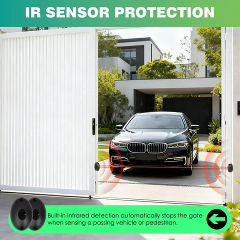 Beefy 750W Automatic Sliding Gate Opener Kit With App Control And Four Remotes showing IR sensor protection with car passing.