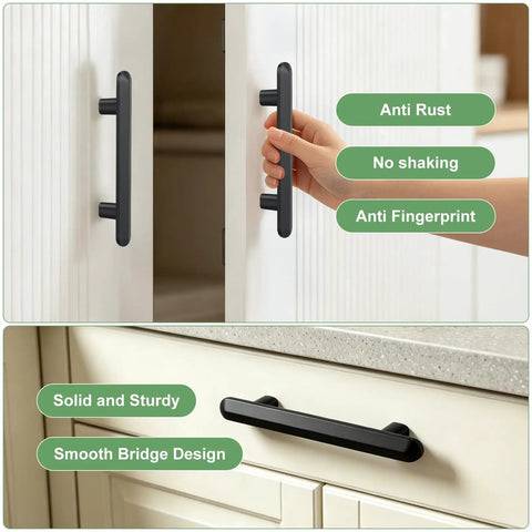 "Ten Pack 3 Inch 76mm Hole Centers Matte Black Solid Zinc Alloy Cabinet Handles And Drawer Pulls Built Tough For Modern Kitchen Bathroom Cupboard Dresser And Closet" shown in use on white cabinet and drawer with smooth finish.