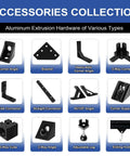 Image of various aluminum extrusion hardware pieces labeled, including corner angle, bracket, and adjustable leg.
