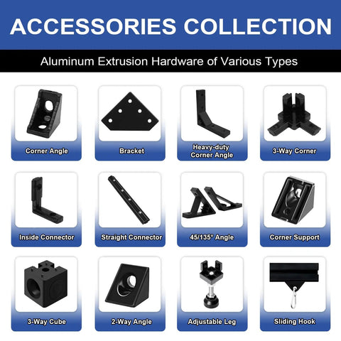 Accessories collection including connectors, angles, and brackets for Two Pack 2040 Aluminum Extrusion V Slot 1220mm projects.