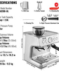 Solid Semi Automatic Espresso Machine With Built In Grinder And Large Hopper showcases specifications and accessories for crisp shots.