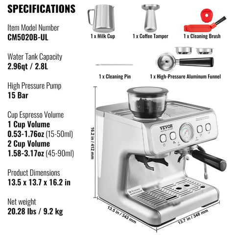 Solid Semi Automatic Espresso Machine With Built In Grinder And Large Hopper showcases specifications and accessories for crisp shots.