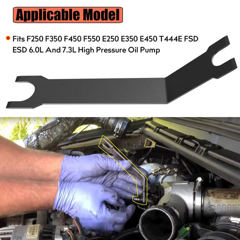 High Pressure Oil Pump HPOP Quick Disconnect Tool For Ford Powerstroke 6.0L 7.3L in use by mechanic under hood
