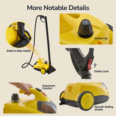 Heavy Duty Steam Cleaner With 2L Water Tank, 28 Piece All In One Multipurpose Kit showing safety cap, lock, and ergonomic handle