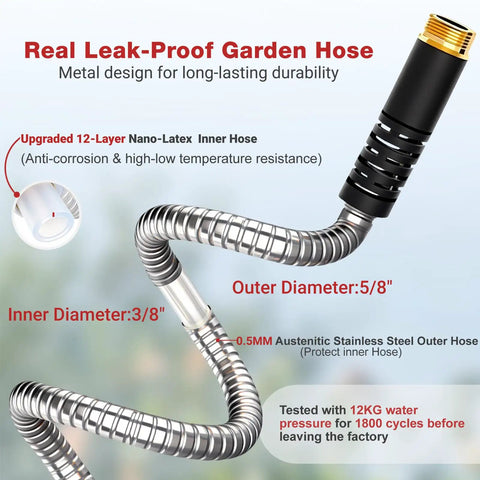 100 Ft Stainless Steel Garden Hose No Kinks And Leak Proof Flexible Water Hose details and specifications shown.