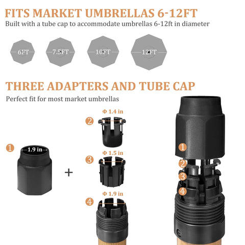 Heavy Duty 45 Lbs Patio Umbrella Base Pre Filled Concrete Stand For 6 To 12 Ft Market Umbrellas adapters and tube cap details