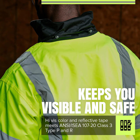 Back view of Hi Vis Bomber Safety Jacket For Men Waterproof Reflective ANSI Class 3 Winter Rain Coat With Detachable Hood.