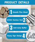 Product details of Dual Function Wall Mounted Toilet Paper Holder with emphasis on materials: pine wood, stainless steel, anti-noise buffer.