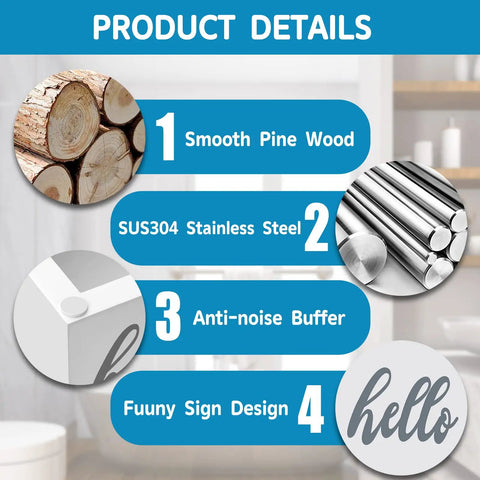 Product details of Dual Function Wall Mounted Toilet Paper Holder with emphasis on materials: pine wood, stainless steel, anti-noise buffer.
