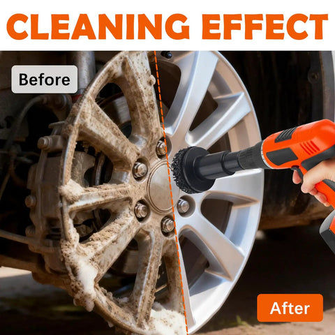9 Piece Wheel Hub Cleaning Tool Kit with Polishing Pads in use for car wheel cleaning before and after.