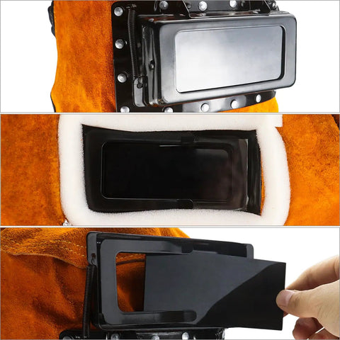 Leather Welding Hood With Flip Open Lens For Easy On Off Protection Cowhide Welding Mask Head Neck Shield, detailed view