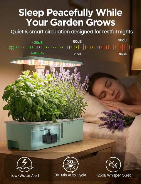 Smart Indoor Hydroponic Garden System With App And WiFi Control for home use, 24W full spectrum grow light, herbs growing at night.