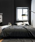 Black Silk Easy Peel And Stick Wallpaper 35.4 Inch By 118 Inch in bedroom with black textured walls and modern décor