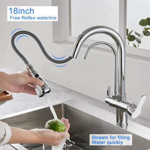 Person using 3 In 1 Kitchen Faucet With Hot Cold And RO Drinking Water No Brainer Two Handle Pull Down Chrome Faucet For Under Sink Filtration System And Water Purifier For Your Kitchen Upgrade And Safer Tap Water to wash fruit