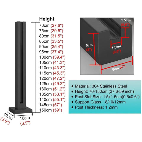 Boss Grade 304 Stainless Steel Railing Kit Square Mid Post For Glass Panels On Decks And Porches For Balconies Hella Rust Resistant dimensions chart