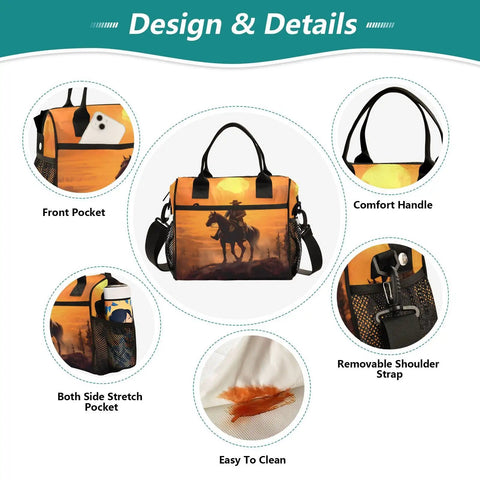 Desert Cowboy Brown Insulated Lunch Bag Cooler Tote For Outdoor Picnic And Camping with pockets and comfort handle, easy clean