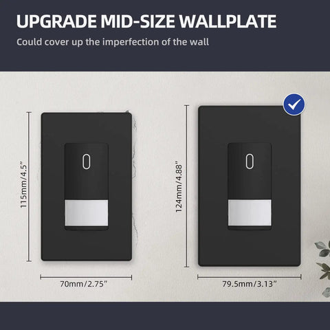 Side-by-side comparison of two wall plates, showcasing the Screwless 1 Gang Wall Plate Mid Size Matte Black Unbreakable Thermoplastic Faceplate Cover For Decorator Receptacle Outlet And Switch UL Listed 5 Pack.