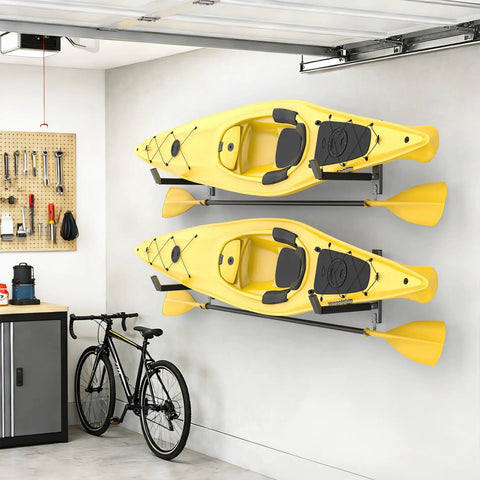 Heavy Duty Wall Mount Kayak Rack For Garage With Rock Solid Steel Kayak Storage Hangers Holding Up To 200 Pounds, featuring two yellow kayaks.