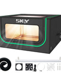 Front view black laser engraver enclosure with green LED trim and clear window, Sky brand vent kit and accessories.