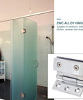 Heavy Duty Zinc Alloy Glass Door Hinge With Silver Finish For Bathroom And Wine Cabinets, Delivers Long Life And Smooth Even Opening And Closing Forces, Brushed Surface Resists Wear For Frameless Showers And Cabinets. mounted on frameless glass shower door