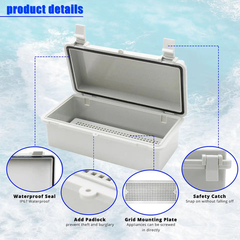 Small Electrical Junction Box With Cover Waterproof Outdoor Hinged Plastic Clip showing open lid and interior features