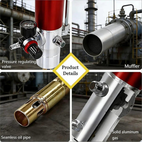 Professional Grade Heavy Duty Pneumatic Grease Pump With 16 Foot Straight Shooting Hose For 55 Gallon Drums showing pressure valve and muffler details.