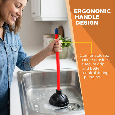Heavy Duty Toilet Plunger For Bathrooms And Kitchens With Industrial Strength Suction Cup Flange Plunger Red Handle in use in kitchen sink