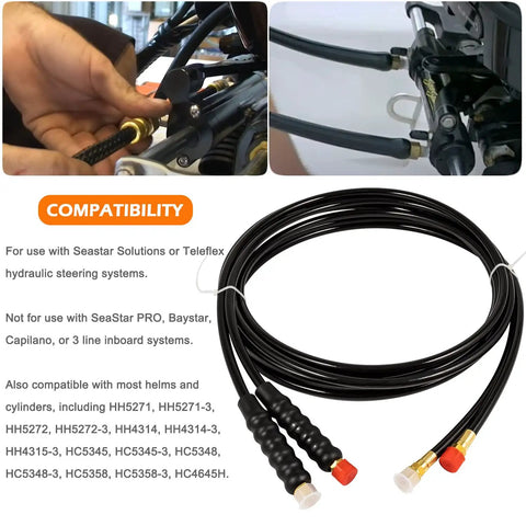 Close-up of 16 ft marine hydraulic hose kit compatible with Seastar and Teleflex systems, featuring black hoses with brass ends.