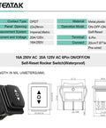 Diagram of waterproof reverse polarity momentary DC 12V six pin three position rocker switch, 16A 250V rating