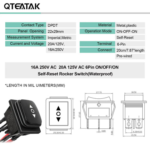 Diagram of waterproof reverse polarity momentary DC 12V six pin three position rocker switch, 16A 250V rating