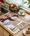 Holiday Themed Snowman Wood Grain Dish Drying Mat Absorbent Microfiber Kitchen Counter Pad 16 By 18 Inches on countertop with decor