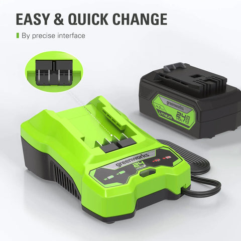 24V Battery Charger With Diagnostic LED for 1.5Ah to 5Ah 24V Packs, Plug In And Go Charge, with battery and interface view