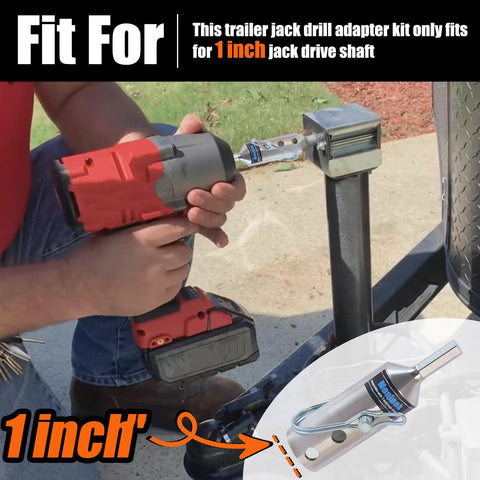 Heavy Duty Trailer Jack Drill Adapter Fits One Inch Top Wind Shafts Rustproof Stainless Steel Construction in use with cordless drill