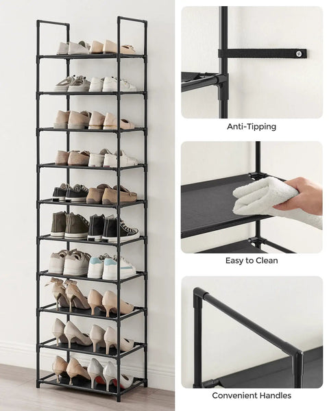 10-Tier Tall Shoe Rack Organizer With Metal Frame And Nonwoven Shelves, Vertical Shoe Storage For Entryway Or Bedroom, Black