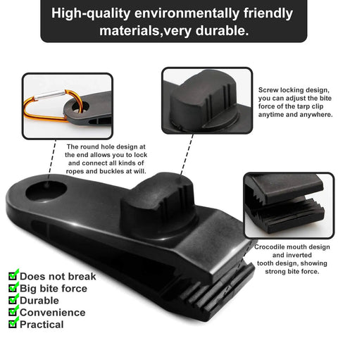 Diagram showcasing Heavy Duty Tarp Clips With Lock Grip Built Tough For Outdoor Use, highlighting durable material and features.