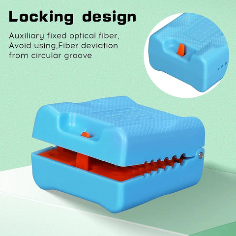 Hella Tough Fiber Optic Buffer Tube Stripper For Mid Span Cable Cutting And No Sweat Optical Wire Stripping Tool With Adjustable Diameter Grooves And Sharpened Steel Blade in blue with locking design.