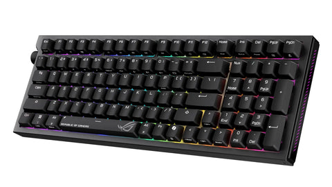 Game Ready 96 Percent Layout Wireless Mechanical Gaming Keyboard Featuring Hot Swappable Switches angled view showcasing black keys and colorful backlighting.