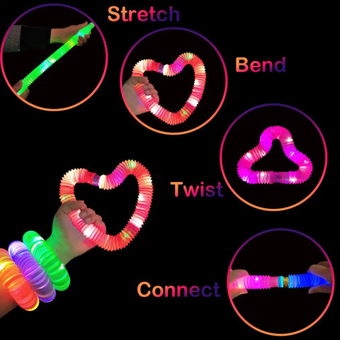 Glow Pop Tube Wand Toys For Kids And Toddlers Six Color Light Up Tubes being stretched, bent, twisted, and connected in hands