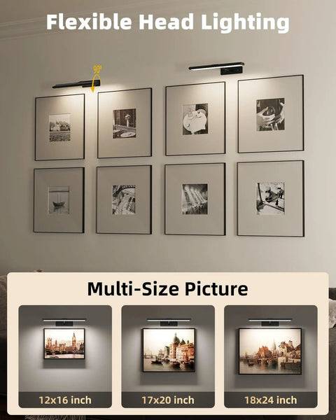Slick Wireless Picture Light Featuring A Solid 4800mAh Battery And Strong Magnetic Mount With Ir Remote For Smooth Gallery Vibes And Dope Living Room Wall Lighting Upgrades lighting framed photos on a gallery wall.