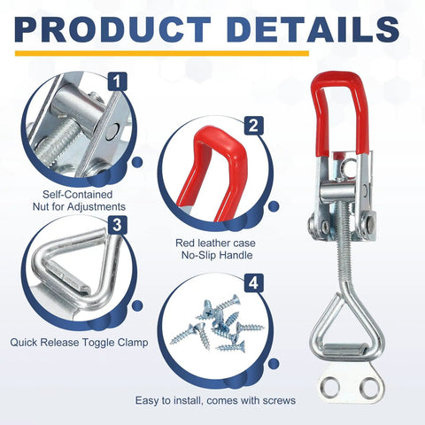 Two Pack 4001 Toggle Latch Clamps Carbon Steel Built Tough Heavy Duty Quick Release Hasps For Smoker Cabinet Lid Jig Trunk Case With Leather Case Silver Easy Install And Lockdown Secure Latch System For Your Gear, red handle detail