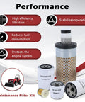 Mahindra 1626 HST L3 Tractor Filter Kit For Your Rig With Engine Oil Filter Outer Air Filter Inner Air Filter Hydraulic Filters And Fuel Filter Replaces MAM0117 9806000001 10400511200 19690531100 19642509000 19682581000 with infographic showing benefits of high efficiency filtration and fuel consumption reduction