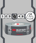 Roll of White heavy-duty duct tape 1.88 in x 45 yd, 1 roll, multi-surface sealing with strength icon and measurements displayed.